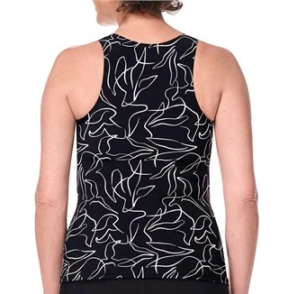 Person wearing a black tank top with white abstract patterns and black shorts on a white background