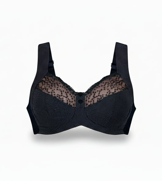 Black bra with lace detailing on a white background