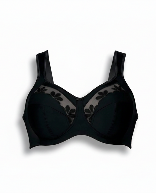 Black bra with lace details on a white background