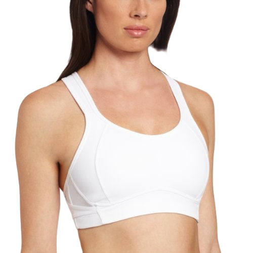 Woman wearing a white sports bra on a white background