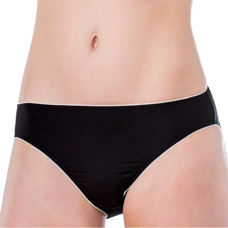 Black bikini briefs worn by a model, shown from the waist to upper thighs against a plain white background.