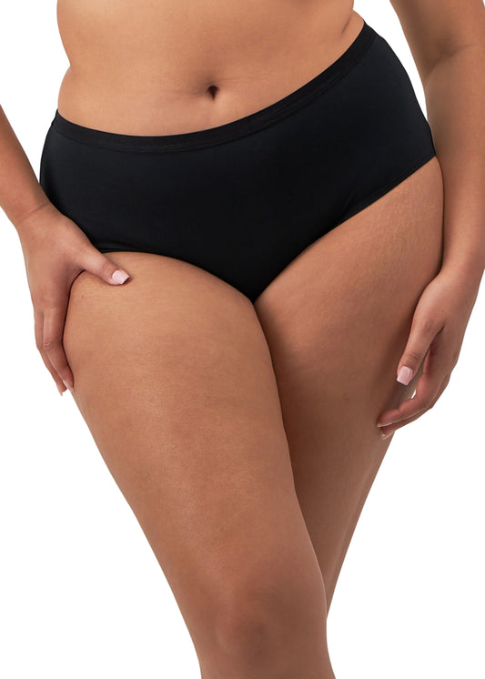 Black high-waisted underwear worn by a person on a white background