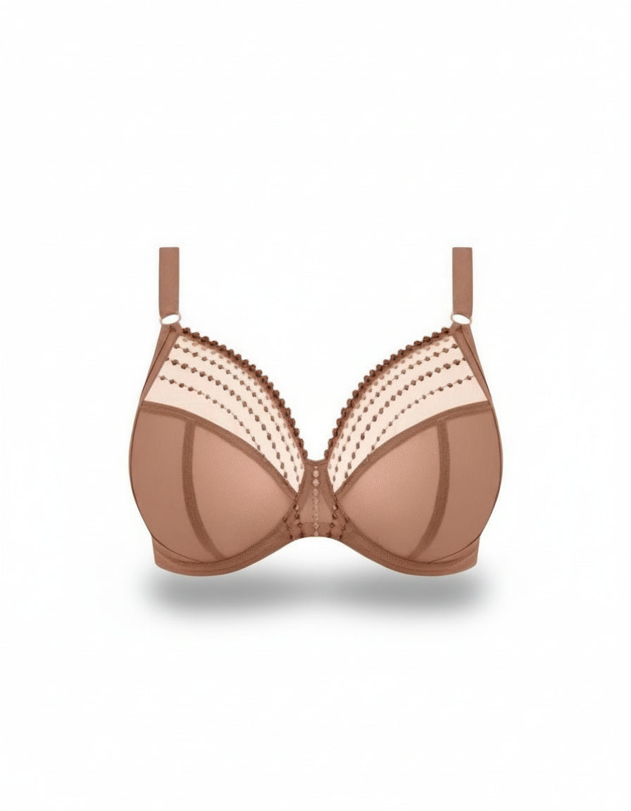 Brown bra with lace details on a white background