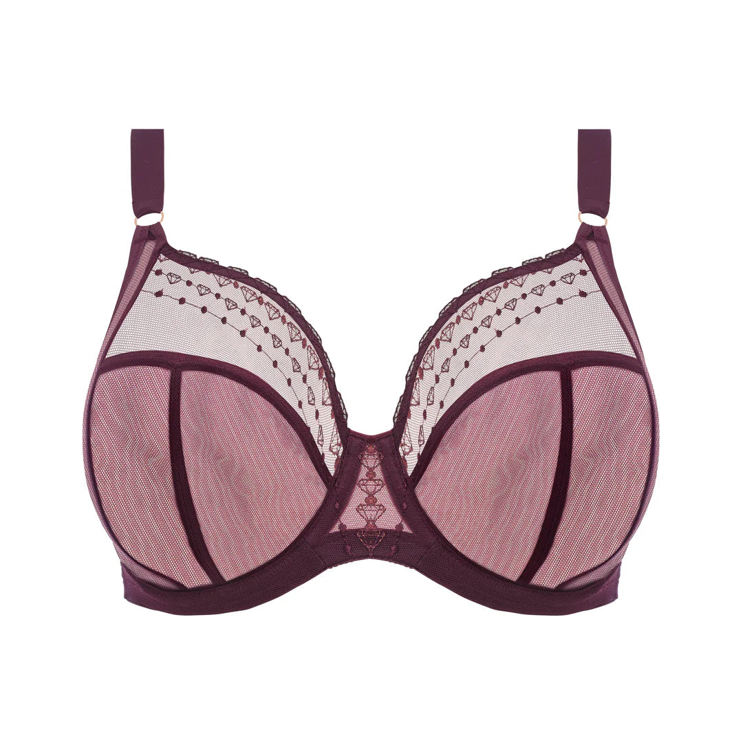 Purple bra with lace detailing on a white background