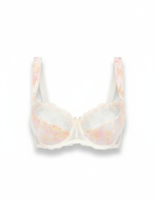 White bra with pink floral pattern on a white background