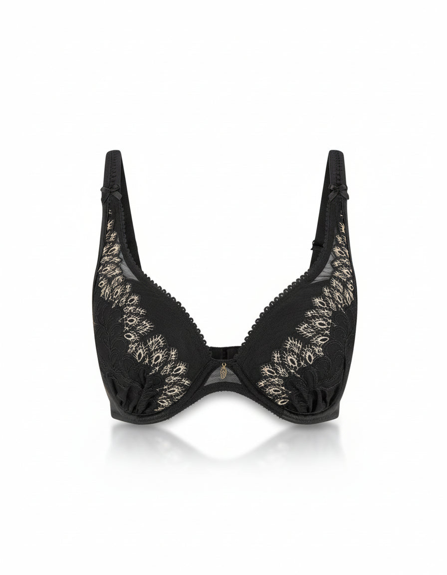 Black bra with floral lace details on a white background