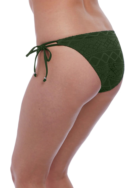 Green crochet bikini bottom on a white background