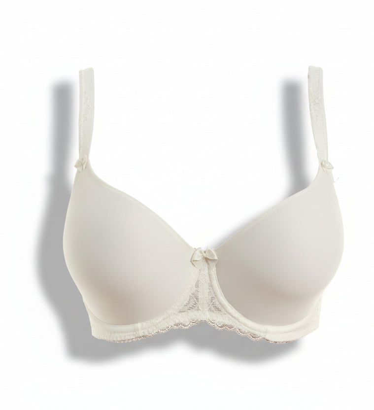 White bra with lace details on a white background