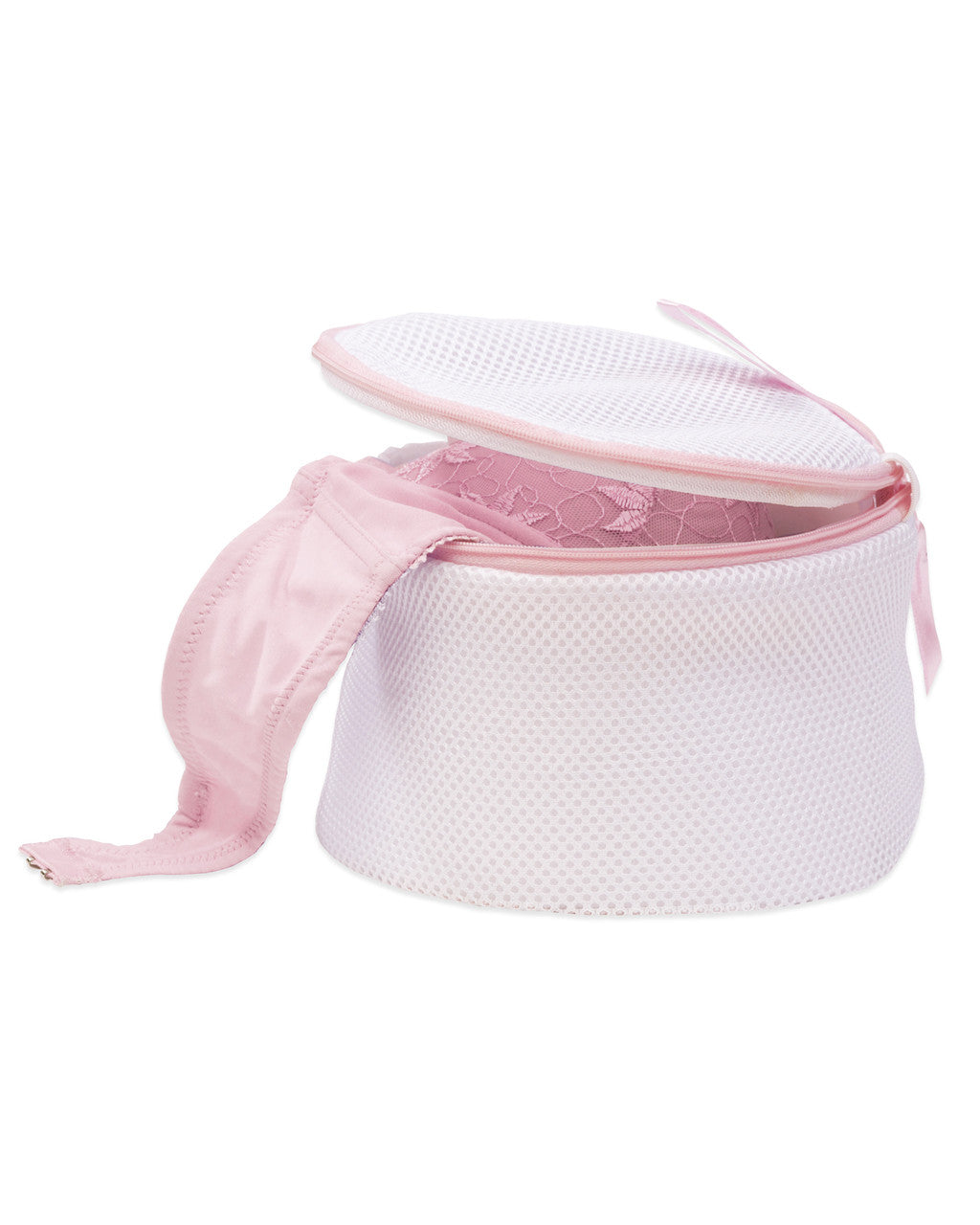 White mesh laundry bag with pink interior and straps on a white background