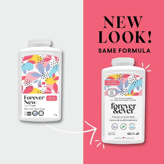 Two bottles of 'Forever & Ever' laundry wash with a colorful label on a white and pink background.