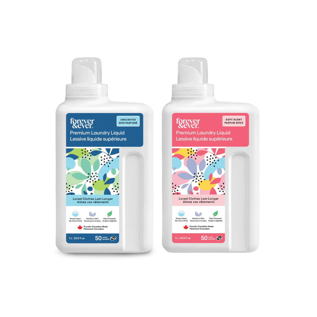 Two bottles of Forever & Ever Premium Laundry Liquid on a white background