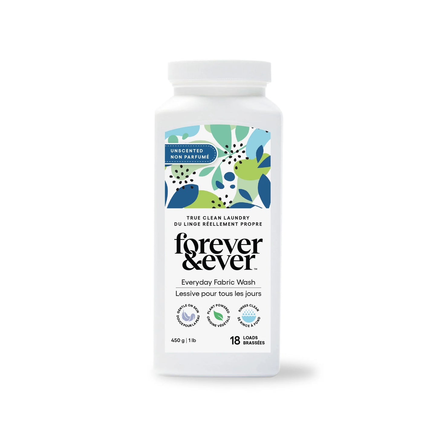 Fabric wash container with floral label on a white background