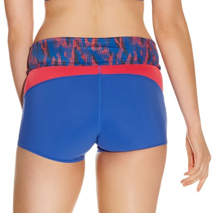 Blue and red patterned athletic shorts on a white background