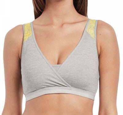 Gray sports bra with yellow accents on a white background