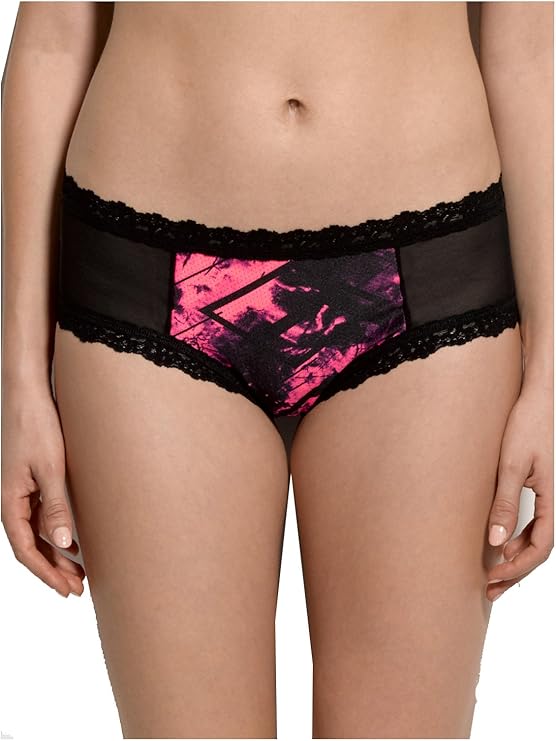 Pink and black patterned underwear with lace trim on a plain background