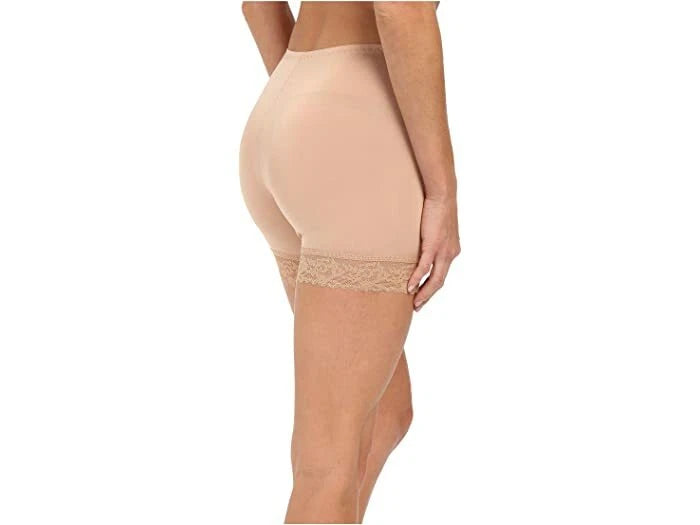 Beige shapewear with lace trim on a white background