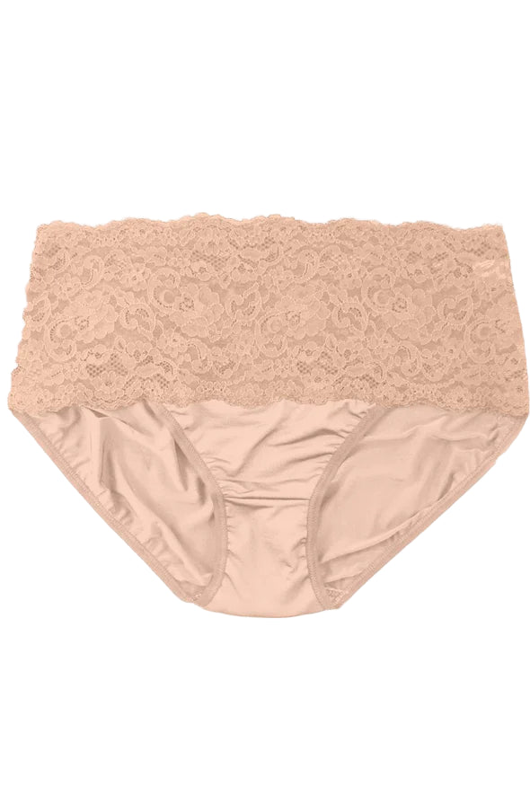 Beige lace-trimmed underwear on a white background