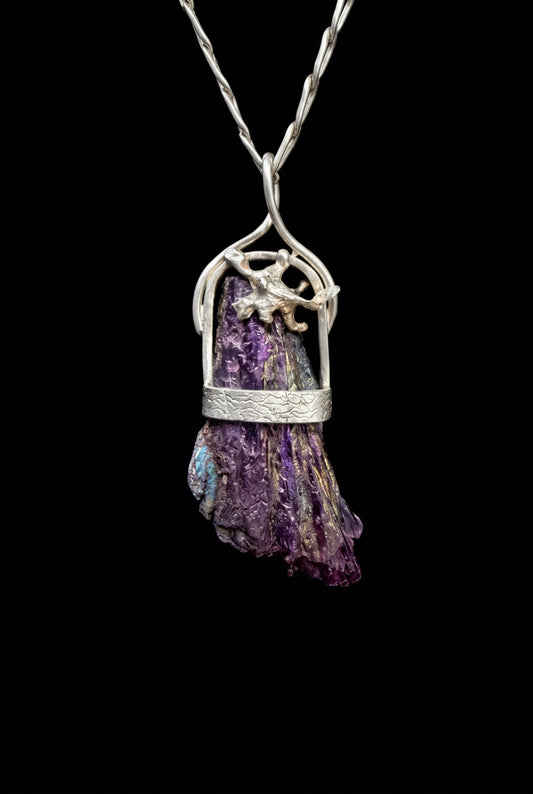 Handcrafted Hammered Sterling Silver Chain with Aqua Crystal