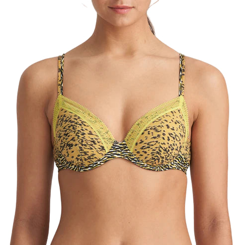Yellow bra with leopard print straps worn by a model on a white background