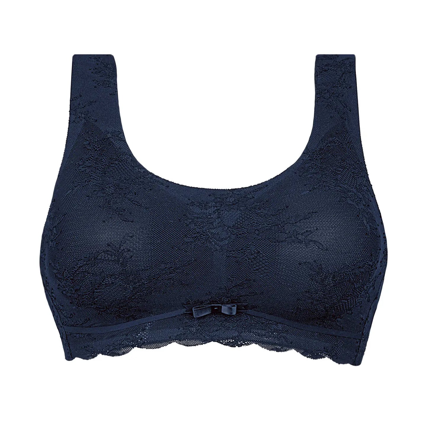 Navy blue lace bra on a white background