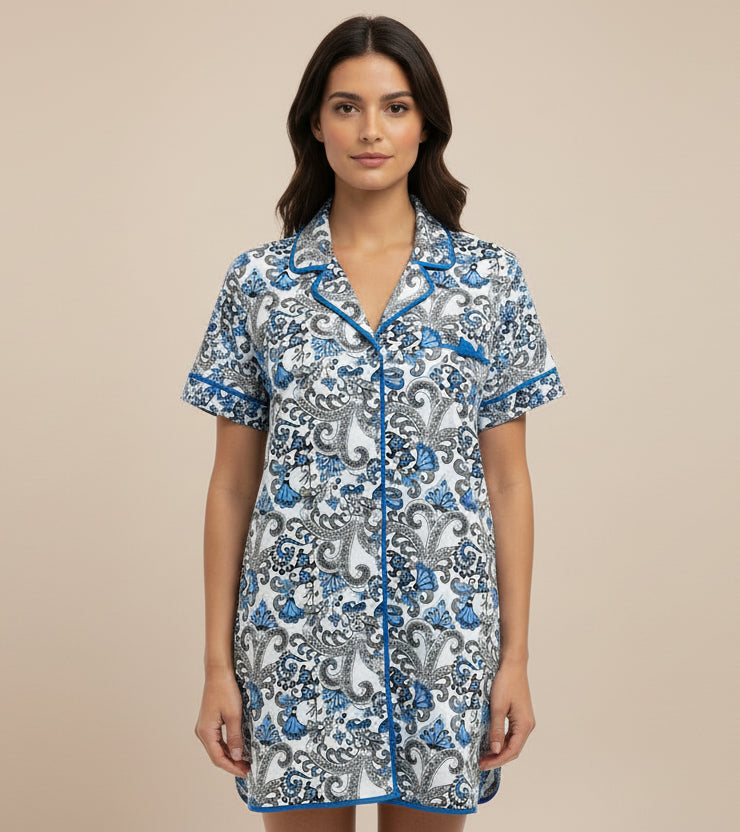 Patterned shirt on a mannequin against a white background