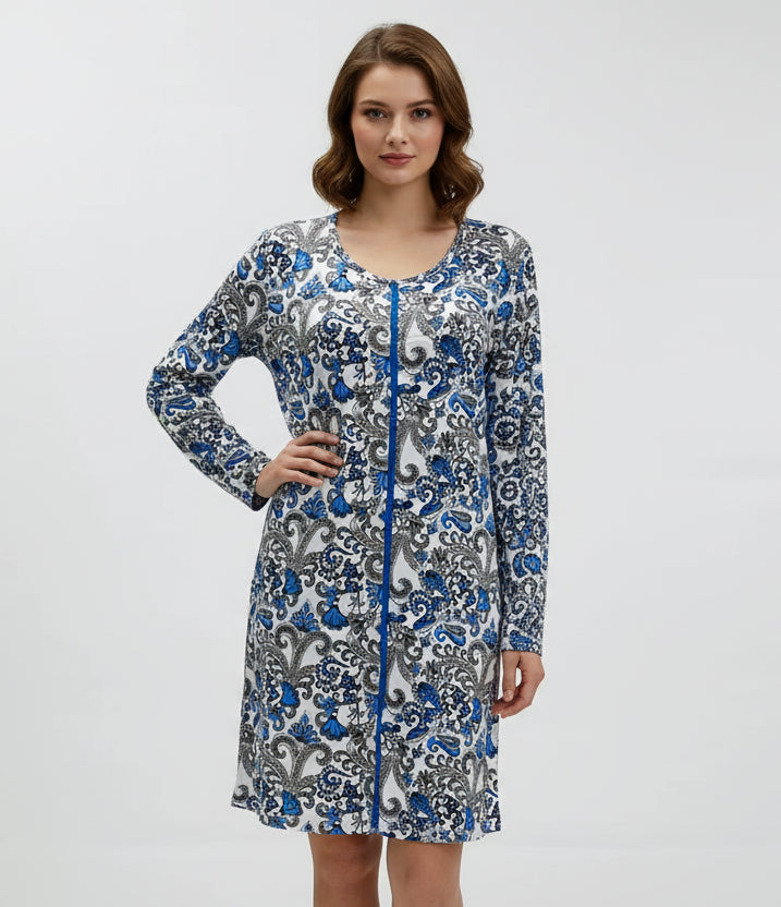 Blue and gray patterned dress on a mannequin against a white background