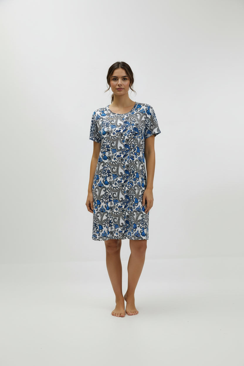 Dress with blue and gray floral pattern on a mannequin against a white background