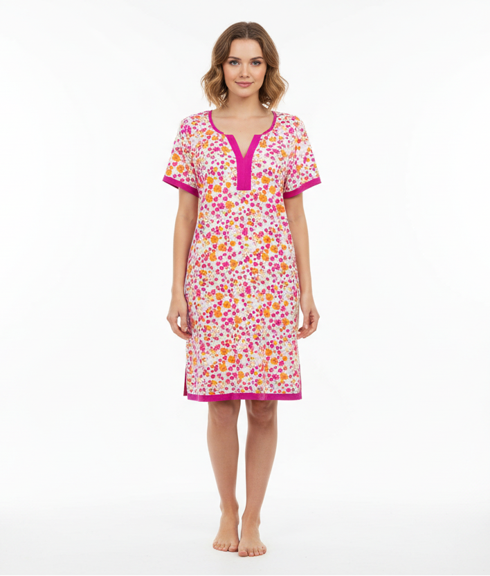 Floral patterned nightshirt with pink trim on a white background