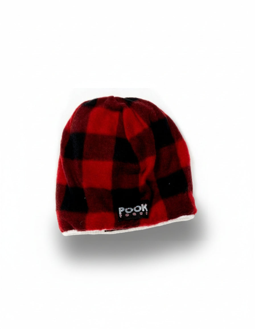 Red and black checkered beanie with 'Pook' logo on a white background