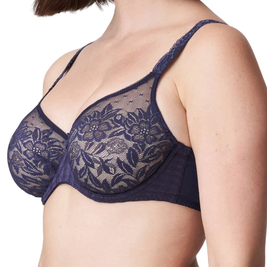 Navy blue lace bra on a plain background