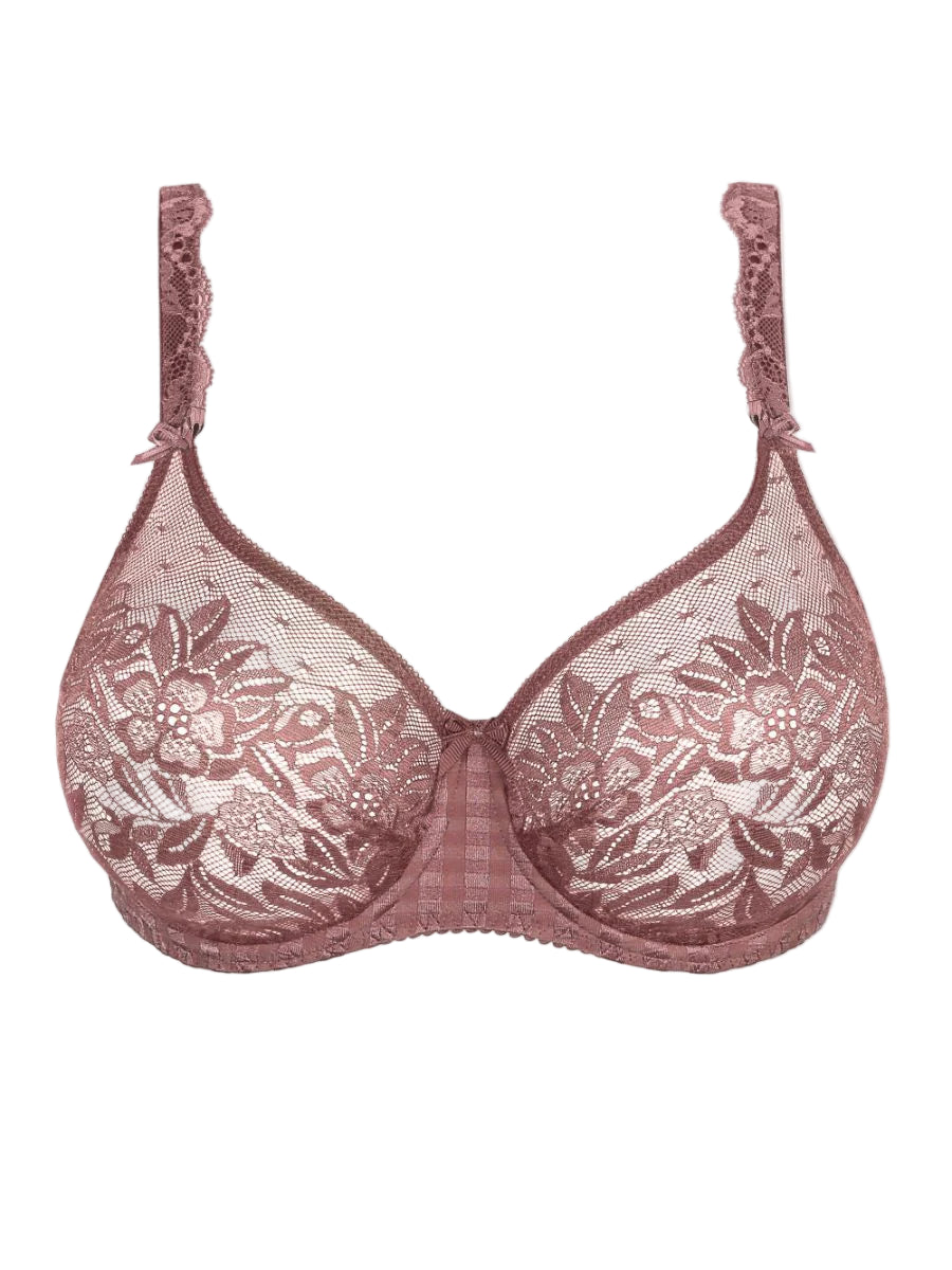 Pink lace bra on a white background
