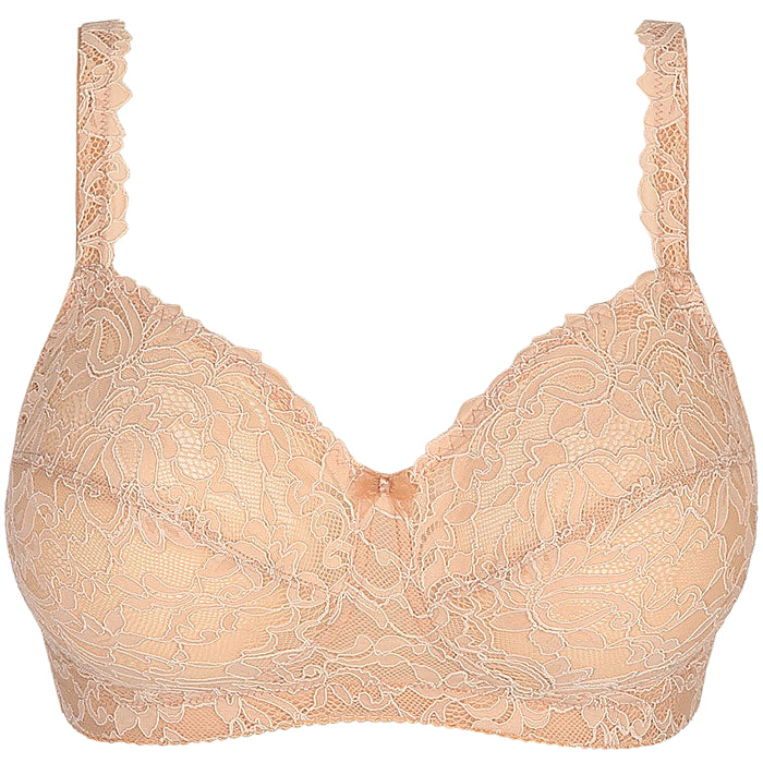 Beige lace bra on a white background