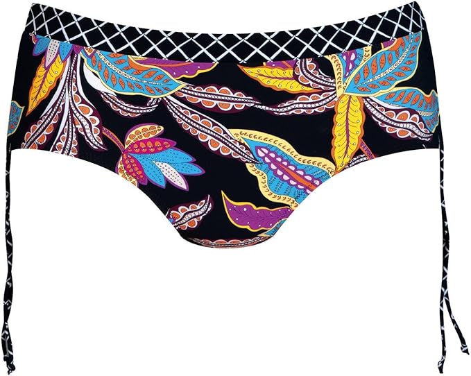 Colorful butterfly-patterned bikini bottom on a black background