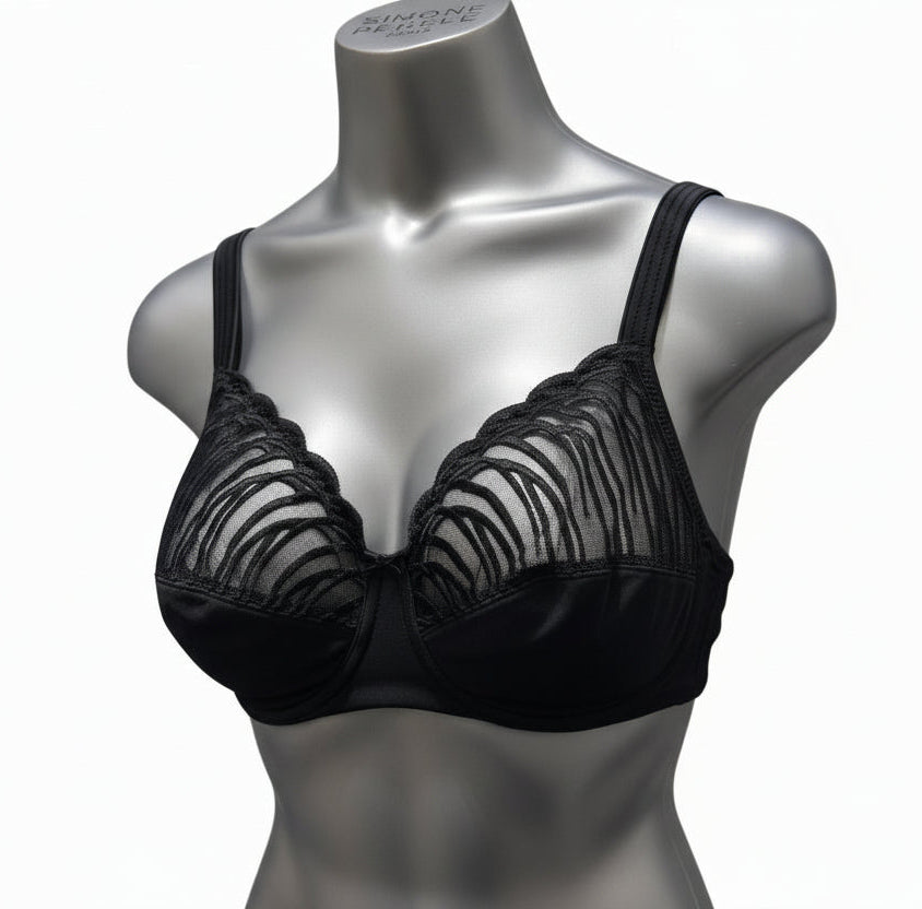 Black lace lingerie on a mannequin against a dark blue background