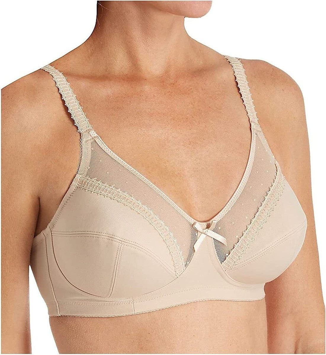 Beige bra with lace details on a white background