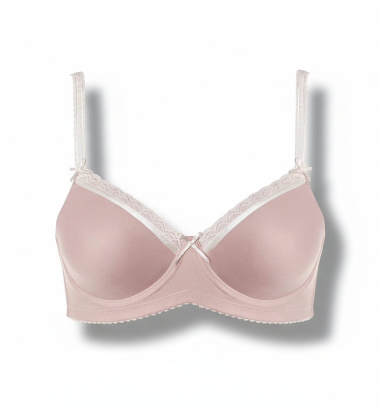 Pink bra with lace trim on a white background
