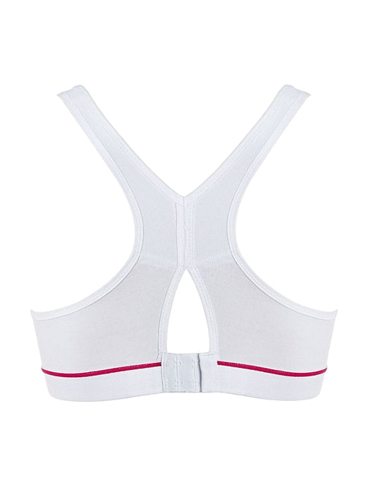 White sports bra with pink accents on a white background