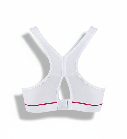 White sports bra with pink accents on a white background
