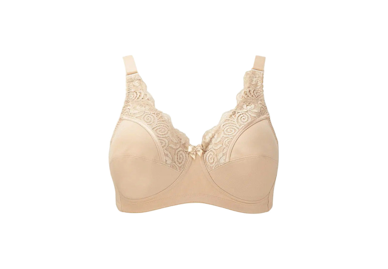 Beige bra with lace details on a white background