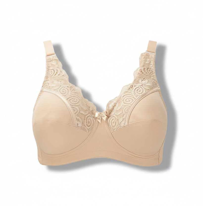 Beige bra with lace details on a white background