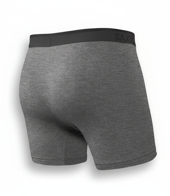 Gray boxer briefs with black waistband on a white background