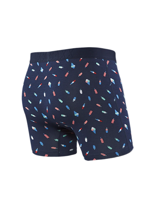 Navy blue boxer briefs with colorful pattern on a white background