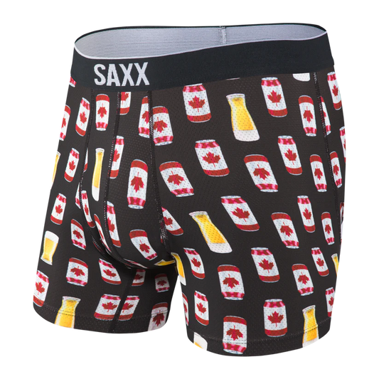 Boxer briefs with Canadian flag pattern and SAXX branding on a black background