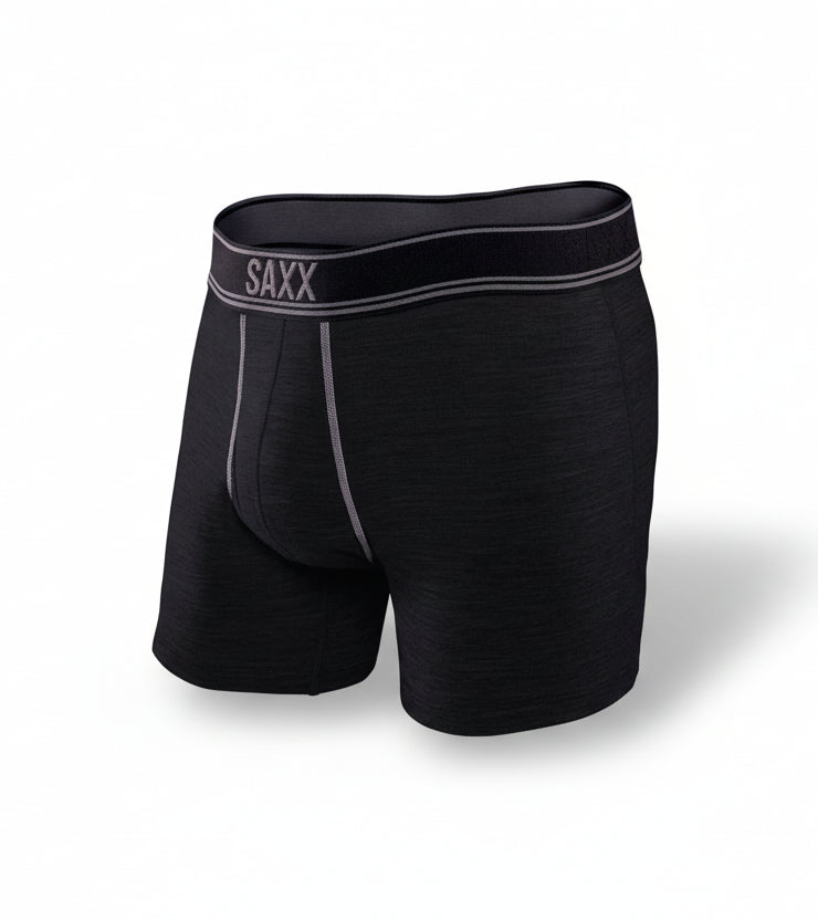 Black boxer briefs with 'SAXX' branding on a white background