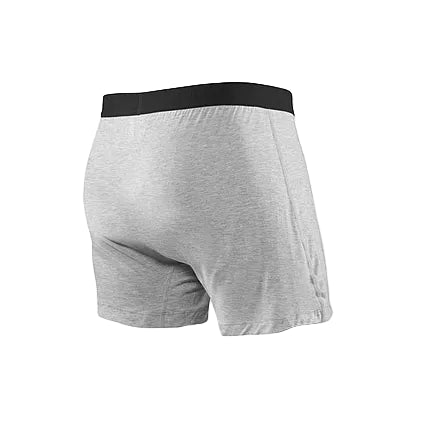 Gray boxer briefs with a black waistband on a white background