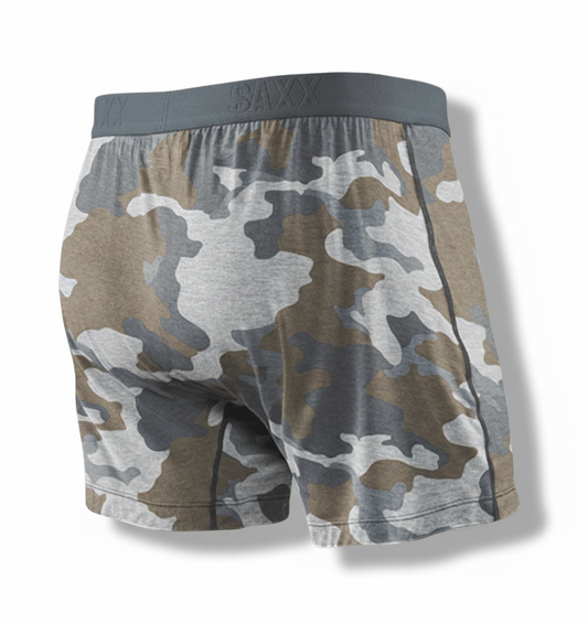 Camouflage-patterned underwear with a gray waistband on a white background