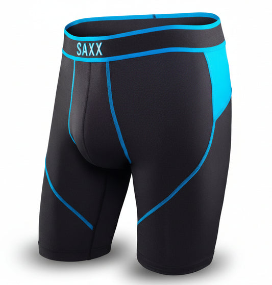Black long leg breifs with blue accents and Saxx branding on a white background