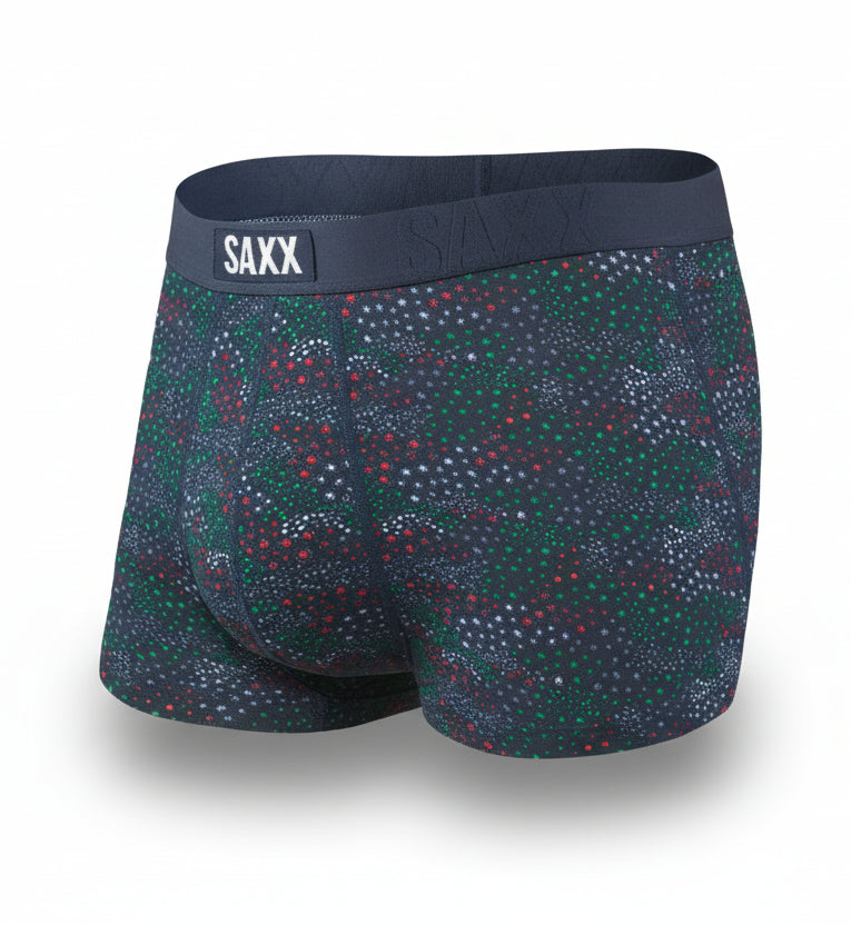 Patterned boxer briefs with SAXX branding on a white background