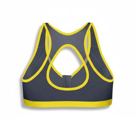 Gray sports bra with yellow accents on a white background
