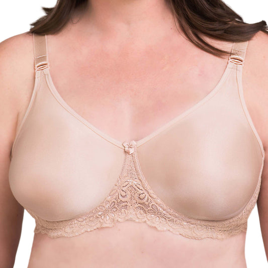 Beige bra with lace details on a plain background